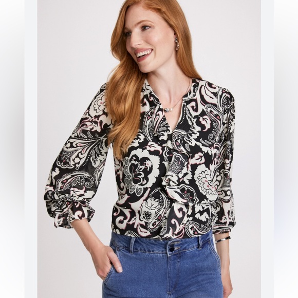 Laura Tops - Laura Paisley Print Ruffle Front Blouse Black White Pattern
